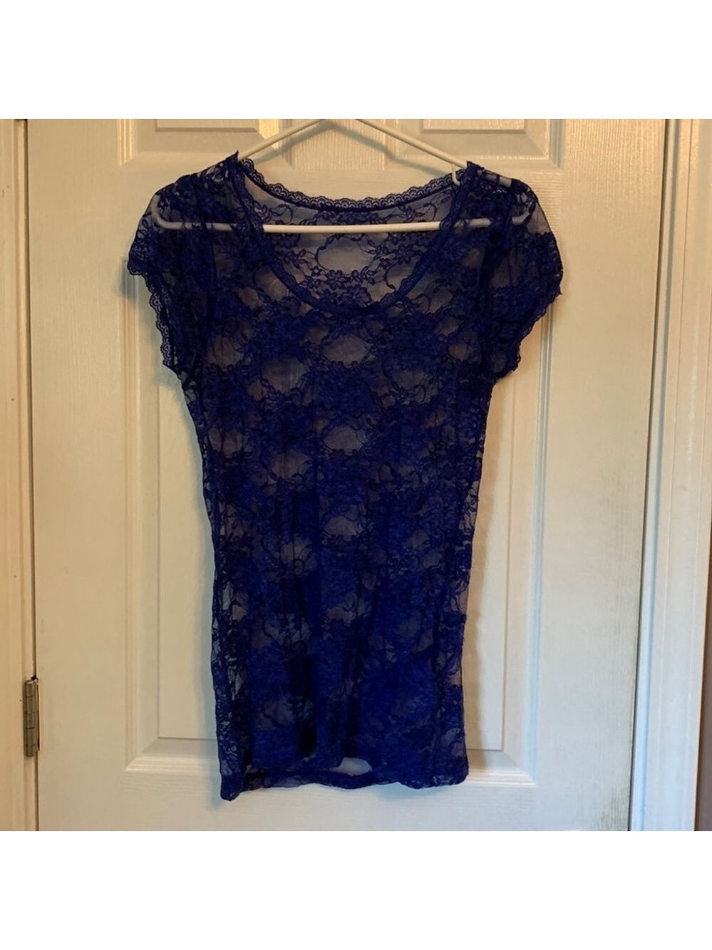 Women's Blue Lace Sheer T-Shirt with Stretch